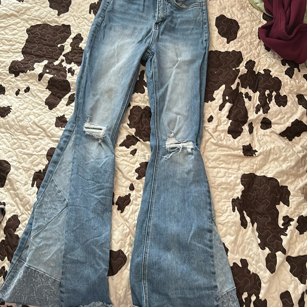 Bridge by gly, flare jeans with floral side panels. Barely worn, no major stains